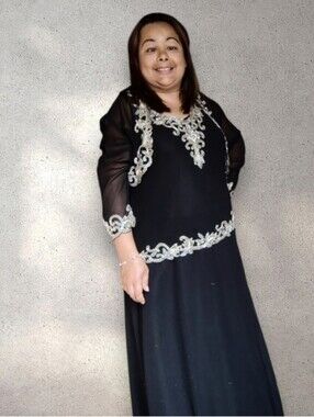 J Kara Beaded Evening Gown & Sheer Jacket Size 14 Black Silver Womens